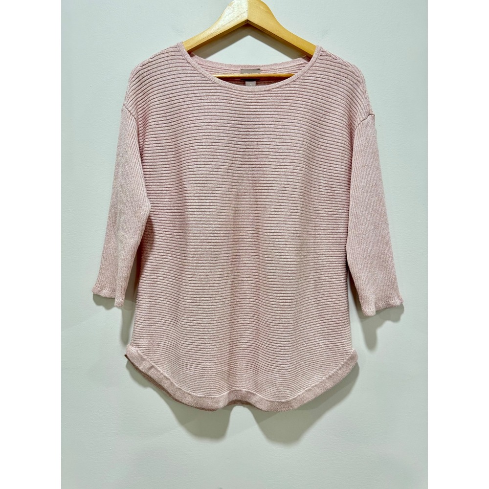 Chico's Metallic Shimmery Pink Ribbed Sweater 3/4 Sleeve Size 1 M Medium